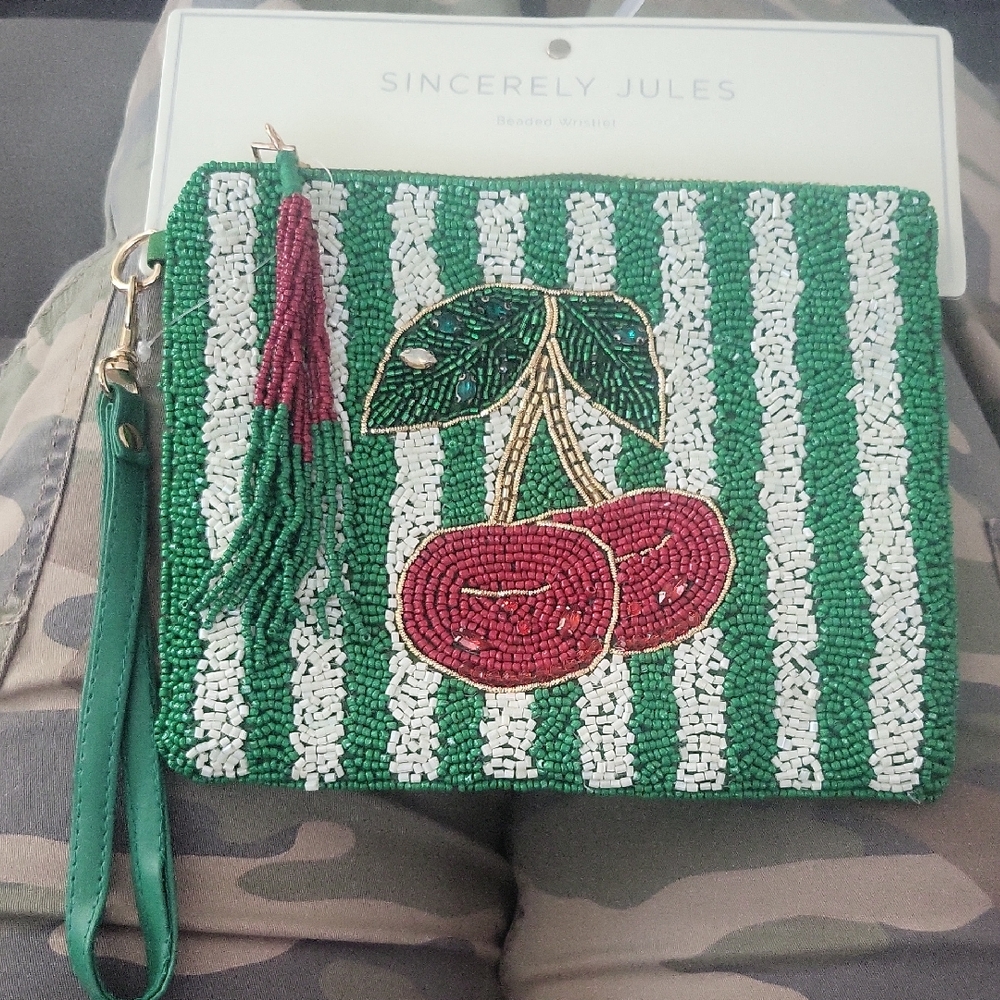 Sincerely Jules Green and White Beaded Clutch with Cherry Design